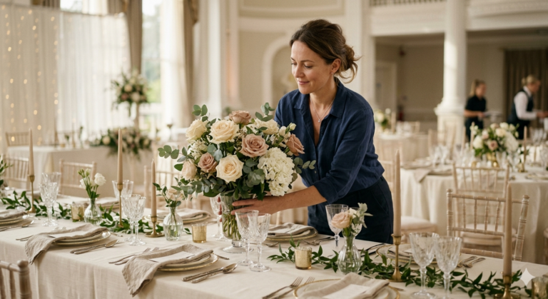 décoratrice de mariage installant les fleurs de table